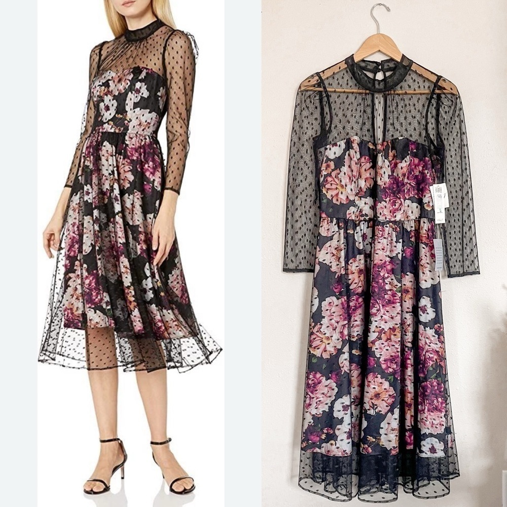 NEW | Eliza J | NWT Illusion Floral Polka Dot Mesh Cocktail Dress‎ 8